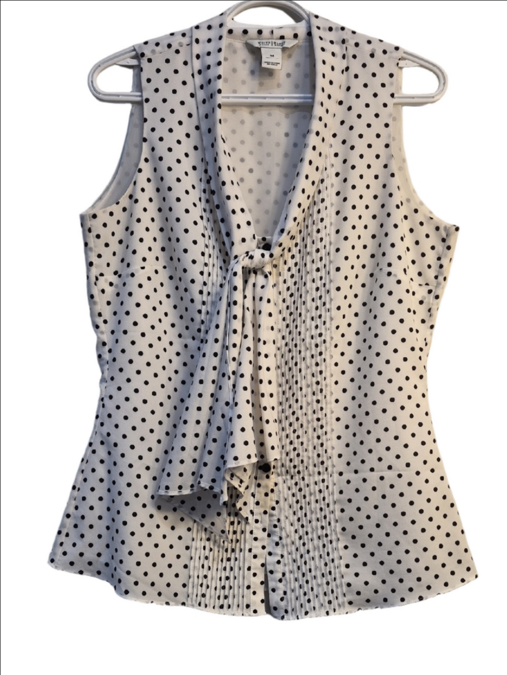 White House Black Market Cream and Black Polka Dot Sleeveless Tie-Neck Blouse